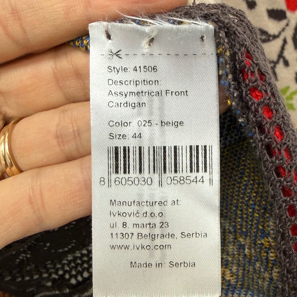 IVKO Woman Floral Knit Asymmetrical Front Cardigan Beige Brown Cotton Sz 44 - Picture 5 of 13